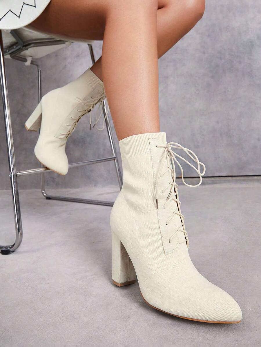 女性系帶設計粗跟一腳蹬彈力靴,優雅淺褐色的織物中筒靴 - 米色 - 查看 1