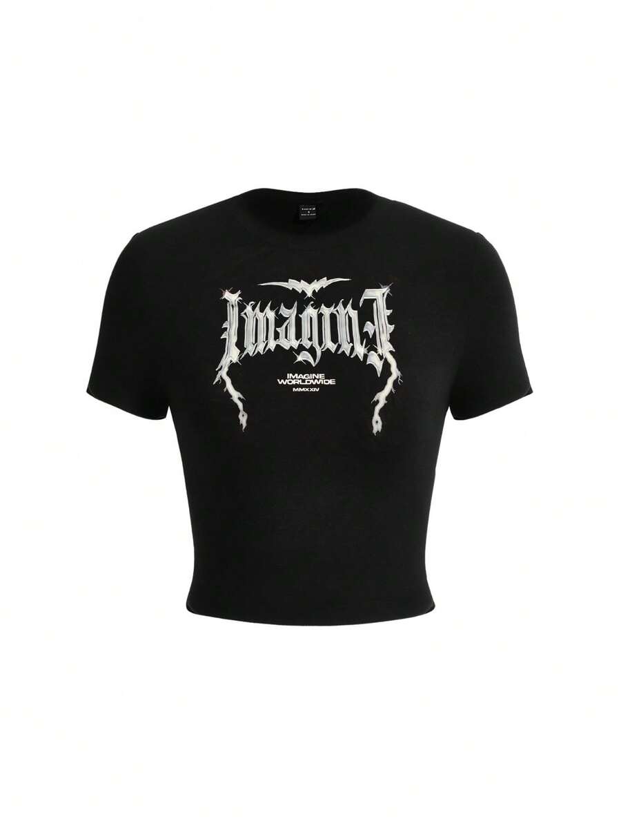 Cloud Mùa hè Ngắn tay Vòng cổ Gầy In thư Áo thun - màu đen - Xem 1