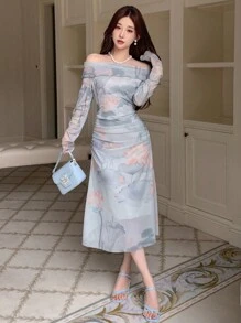DAZY 优雅秋季花卉印花荷叶边饰边束腰露肩设计连衣裙，生日、新年舞会礼服优雅