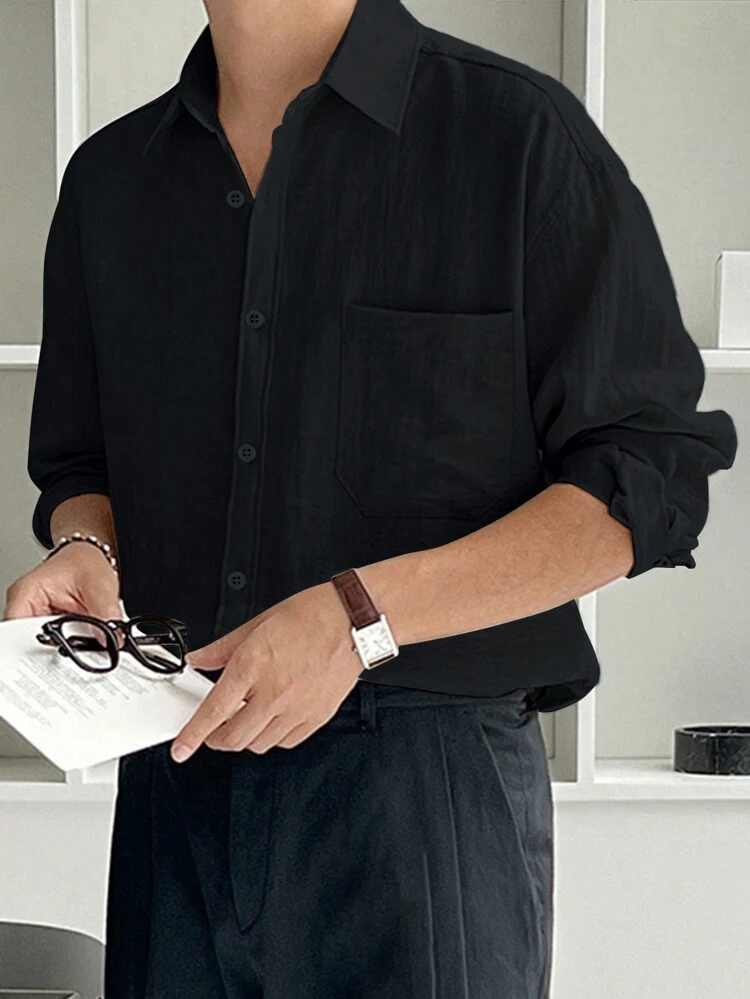 Men's Spring/Summer Solid Color Drop-Shoulder Long Sleeve Casual Shirt, Fall