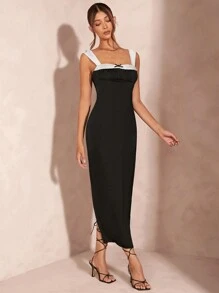 SHEIN BAE Nữ Khối Màu Chắp Vá Nơ Cổ Pyjama Phong Cách Satin Áo Dài, Đầm Màu Đen Gợi Cảm Và Thanh Lịch - màu đen - Xem 5