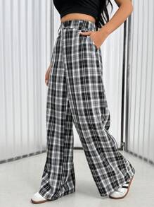 Flirla Women's Plaid Loose Wide Leg Pants