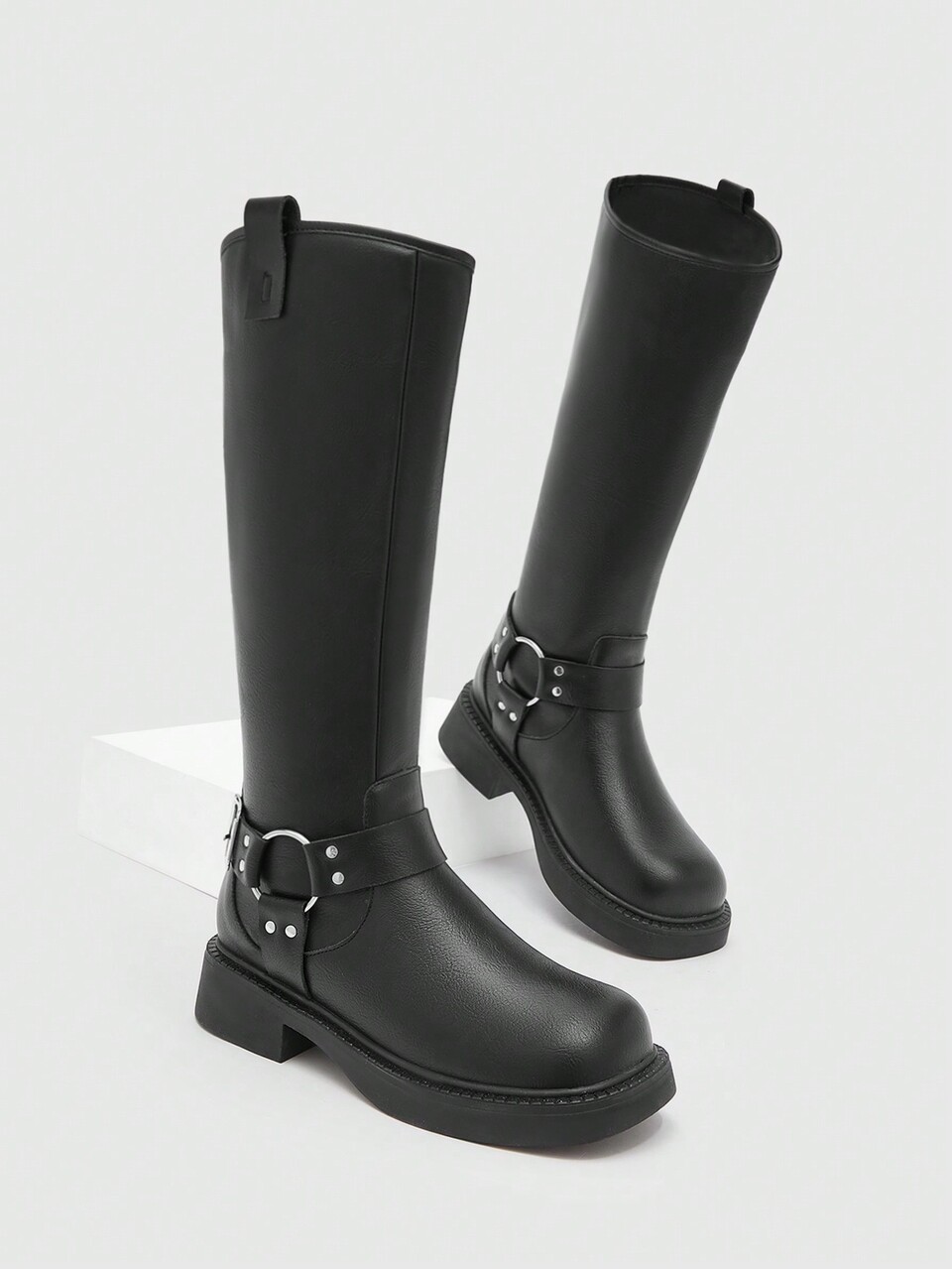 Women's Buckle Decorated Round Toe Fashion PU Leather Black Combat Boots For Outdoor Wear For Summer Vacation Shoes Summer Elegant Basics Business Casual Business Chic Spring Shoes Spring Break Easter For Christmas
