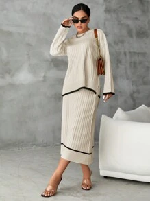 EURMUSE Khâu Cạnh Vòng cổ Áo len Và Váy Hai chiếc Bộ - Nhiều màu - Xem 5