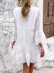 Breezaya 女士刺繡襯衫連衣裙,搭配飄逸袖子和空心設計 - 白色 - 查看 2