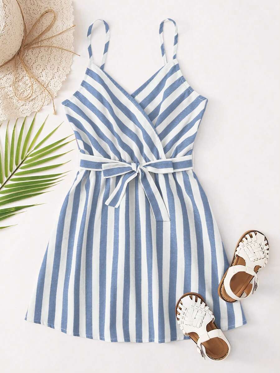 SHEIN Cô gái Tween Surplice cổ Tự thắt lưng Sọc Váy liền áo - Xanh và trắng - Xem 1