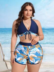 Swim Lushoire Plus Size Women's Beach Vacation Tropical Plant Print Halter Neck Tie Shorts Sexy Bikini Set,Summer Beach