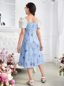 女童寬鬆休閒方頸泡泡袖花布拼接拼色連衣裙 - 藍色 - 查看 5
