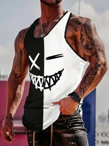 Camiseta de tirantes casual de cuello redondo con impresión de expresión de color contrastado para hombre de verano - Blanco y Negro - Ver 1