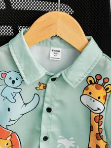 SHEIN 1件青少年男童休閒運動動物印花翻領短袖襯衫,適合日常穿著、學校、旅行、運動、春/夏季節 - 灰色 - 查看 3