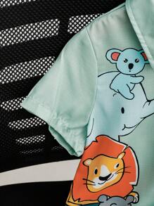 SHEIN 1件青少年男童休閒運動動物印花翻領短袖襯衫,適合日常穿著、學校、旅行、運動、春/夏季節 - 灰色 - 查看 4