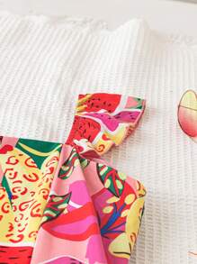 SHEIN 少女度假花卉印花方领盖袖长裙，夏季连衣裙