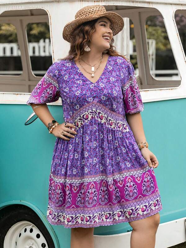 Rusttydustty Rochie scurtă cu mânecă scurtă, mov, imprimeu floral, cu decolteu în V, ținute de plajă boho de Paște, Festivalul de muzică Coachella din Hawaii, vacanță tropicală