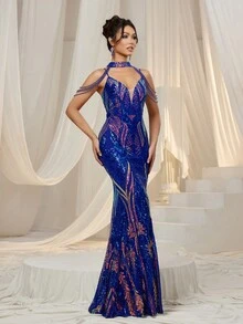 Faeriesty 链条细节亮片吊带美人鱼连衣裙 - 寶藍色 - 查看 6