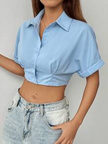 SHEIN Unity Roll Cuff Roll-Up Tab Batwing Sleeve Solid Color Summer Shirt - Blue - View 3