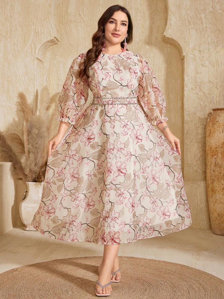 Plus Size Non-Positional Flower Round Neck Silk Chiffon Lantern Sleeve Floral Printed Waistband With Beads Elegance & Style Maxi Formal Dress Elegant Cocktail Semi Formal Prom Wedding Guest Dress, For Birthday, Graduation, Dinner, Homecoming - Pink - View 1