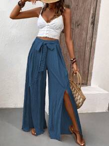 SHEIN JORESS Pantalone casual estivo in tessuto a pieghe solido con vestibilità ampia e taglio largo diviso