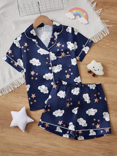 Tween Girl Simple Style Clouds & Stars Printed Shorts And Short Sleeve Loose Fit Homewear Set,  Fabric