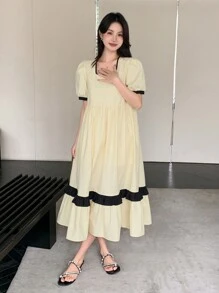 DAZY Women's Color Contrast Puff Sleeve Casual Daily Wear Short Sleeve Dress For Summer,Ruffle