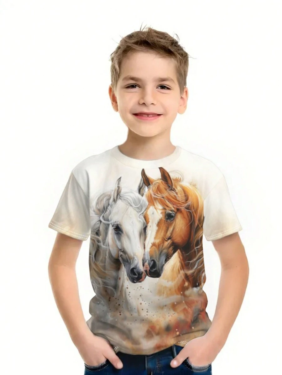 SHEIN Tween Boy Fine Horse/ Casual Minimalist Horse Pattern Round Neck Short Sleeve T-Shirt Suitable For Summer - White - View 1