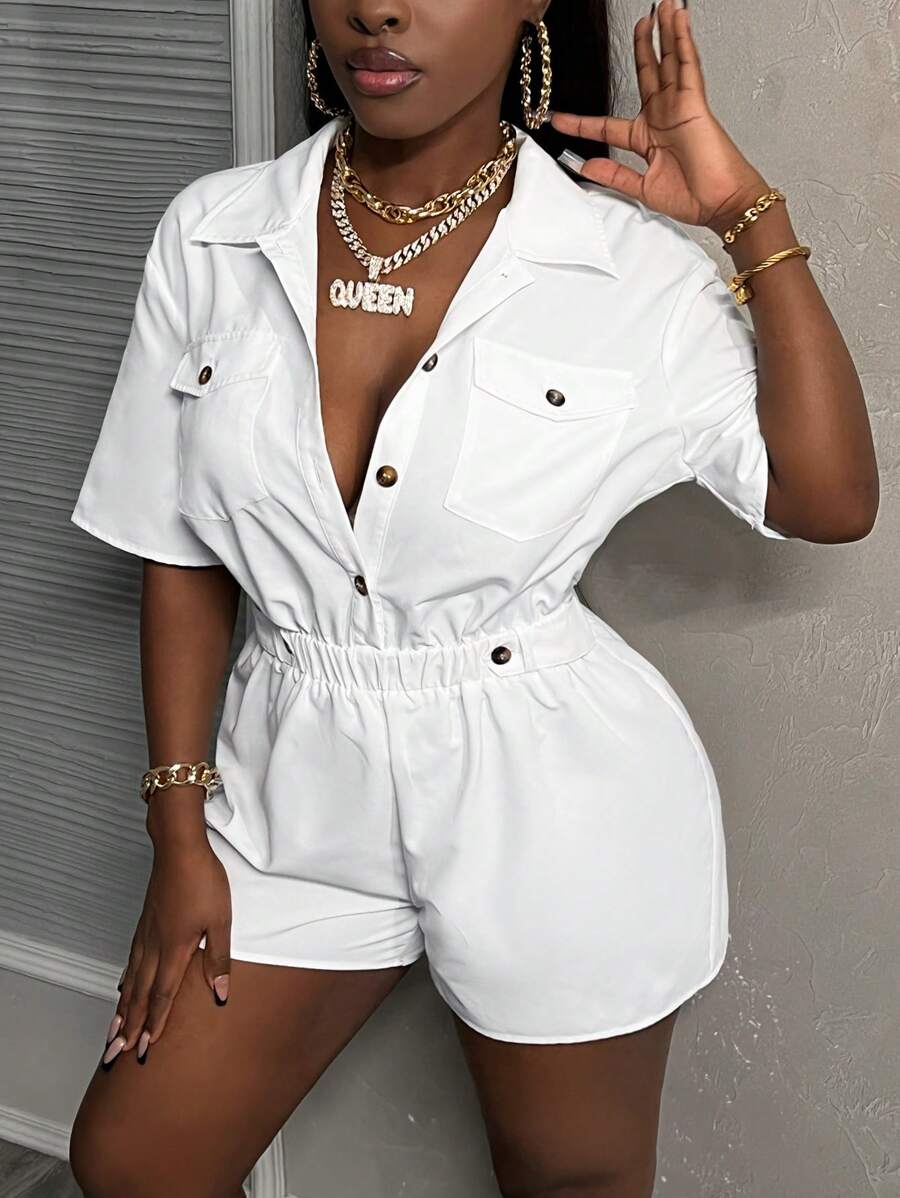 Slaydiva 韓版女裝休閒實色短袖拼接鈕扣立領寬鬆連身褲 - K