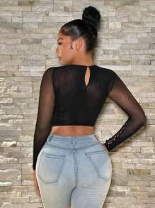 SHEIN SXY Fishing Net Segmentation Women's Solid Color Hollow Out Casual Long Sleeve Top - Black - View 2