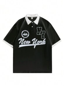 Claim Dot Men's Fashionable Color-Block Printed Short-Sleeve Polo Shirt, Men's Polo Shirt, New York Polo Shirt - Black and White - View 6