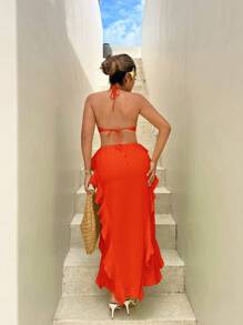 SHEIN SXY Robe orange fendue haute avec volants au dos et à l'encolure ras-du-cou, pour femmes grande taille. Convient pour le début du printemps, le printemps et l'été, la forêt tropicale, les fêtes sur la plage, les vacances au bord de , les soirées autour du feu de camp. Fraîche et légère, coupe slim, confortable à porter, facile à assortir, met la silhouette en valeur.