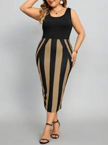 SHEIN Lady 大尺碼夏季休閒條紋拼色修身無袖連衣裙 - 卡其色 - 查看 5