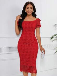 SHEIN Lady Váy cưới ren bó màu trơn cho khách dự tiệc cưới - Đỏ - Xem 4