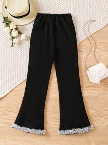 SHEIN Tween Girl Lace Open Slit 3D Flower Daily Matching Long Pants - Black - View 2