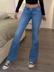 MYOURSA Women's Casual Y2K Elastic Low-Waist Flare Jeans With Pockets - Medium Wash - View 4