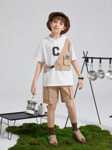 SHEIN Leap Crew Tween男孩寬鬆休閒連帽字母圖案2合1t恤和短褲套裝 - 卡其色 - 查看 3
