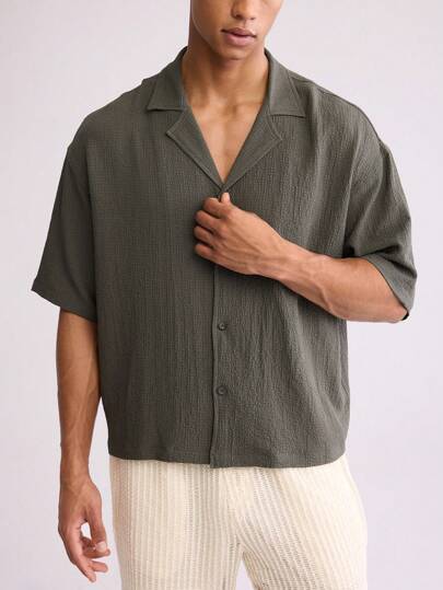 Forever 21 Men's Seersucker Boxy Oversized Cropped Shirt In Green