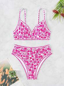 SHEIN Swim Women's Floral Print Sexy Bikini Set For Beach Vacation, Random Print,Summer Beach