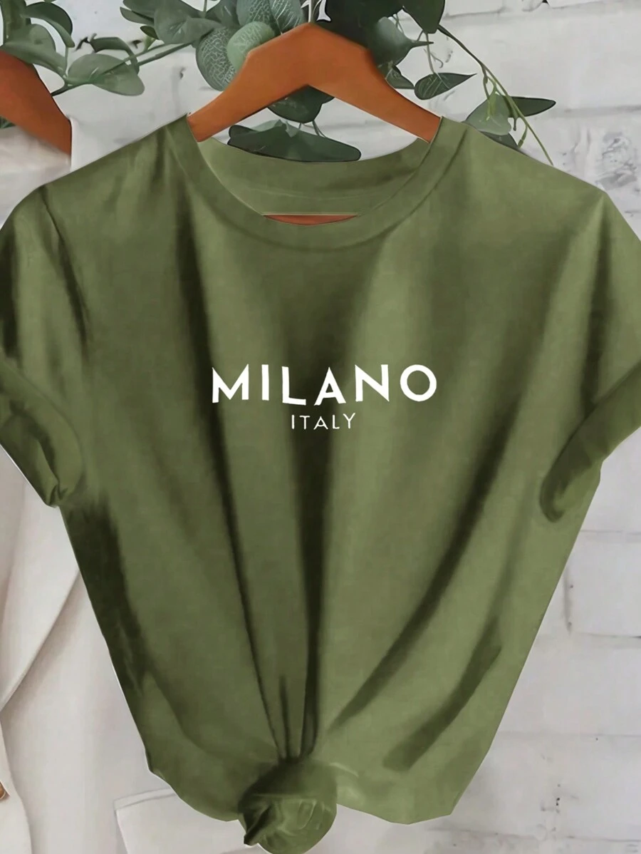 Flirla Milan Italy Solid Color Plus Size Round Neck T-Shirt With Letter Print - Olive Green - View 1