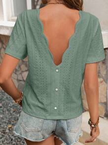 SHEIN Frenchy Camiseta de verano para mujer con borde de concha bordado y espalda hueca en unicolor, con textura de tela y decoración de hebilla de metal para la temporada de bodas. Camisetas cortas de manga corta perfectas para vacaciones de primavera y ocasiones boho - verde menta - Ver 3