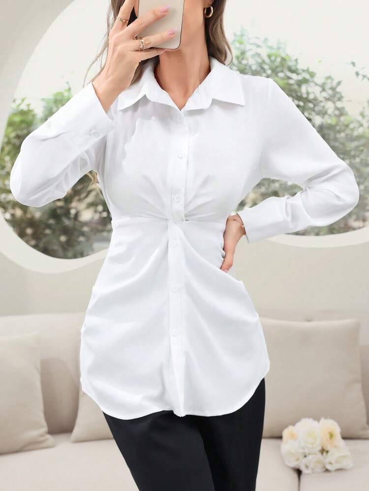 Women's Spring/Summer Solid Color Casual Shirt With Waist Pleats And Buttoned Hem