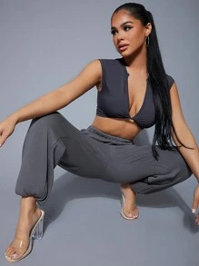 SHEIN SXY Plunging Neck Twist Front Tee Concert Long Summer Dress Prom Dress Sexy Dress Valentine Day Dress