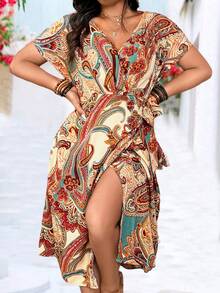 SHEIN Holidaya 休閒大尺碼女性植物印花蝙蝠短袖打結鬆身連衣裙，適用於假期 - 彩色 - 查看 5