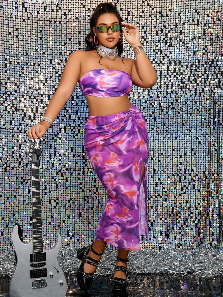 Swim EVENT Plus Size Women's Tie Dye Bandeau Bikini Set With Cover Up Skirt And Half Sleeve Top, Holiday,Summer Beach - Multicolor - View 1