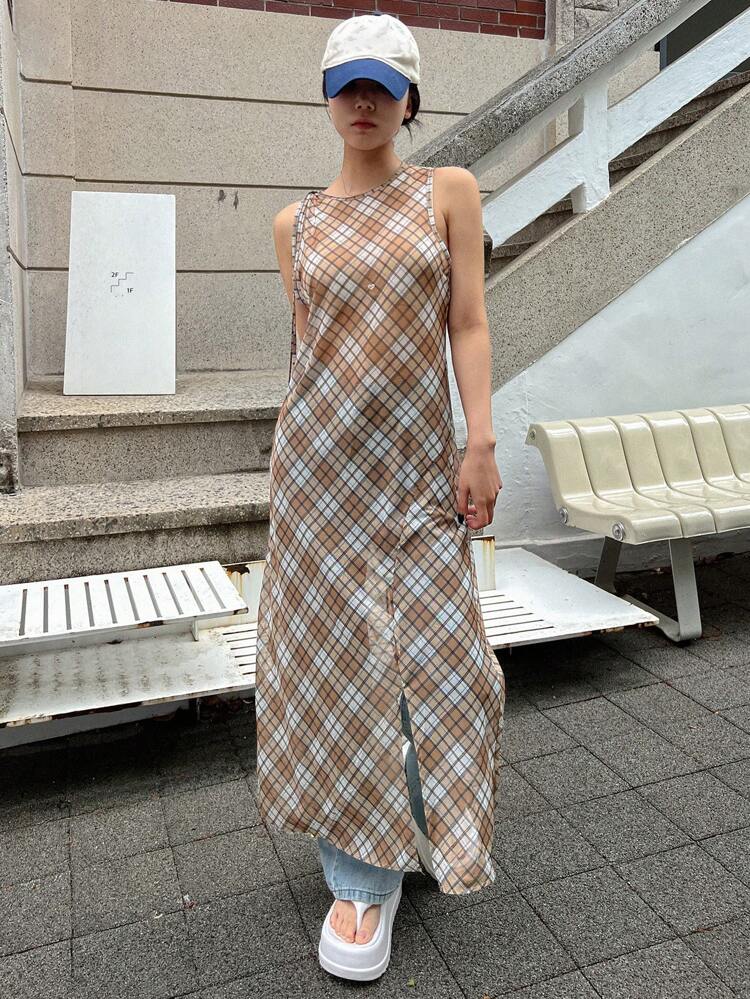 Women's Fashion Plaid Sleeveless Dress Sundress,Casual Women Dresses