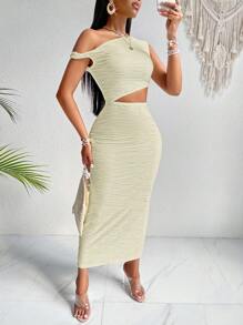 Zolique Vestido ceñido de cuello asimétrico, cintura recogida y recorte lateral - Beis - Ver 4