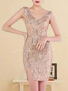 Vestido con cuello en V sin mangas, decorado con lentejuelas y cadena de cuentas, con abertura en el bajo. Vestido de gala formal elegante de mujer para fiestas de cóctel, bodas, graduaciones, cenas y fiestas de regreso a casa