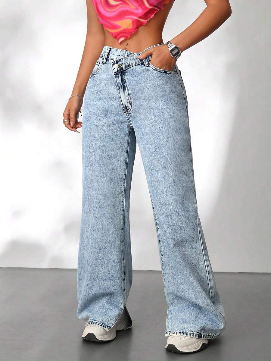 SHEIN PETITE Women's Casual Wide-Leg Jeans With Slit Hem And Diagonal Fly, Blue