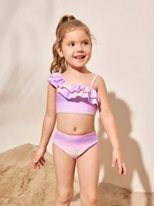 SHEIN Conjunto de bikini y traje de baño con volantes degradados lindos para niña pequeña, verano playa - Rosa Pálido - Ver 3