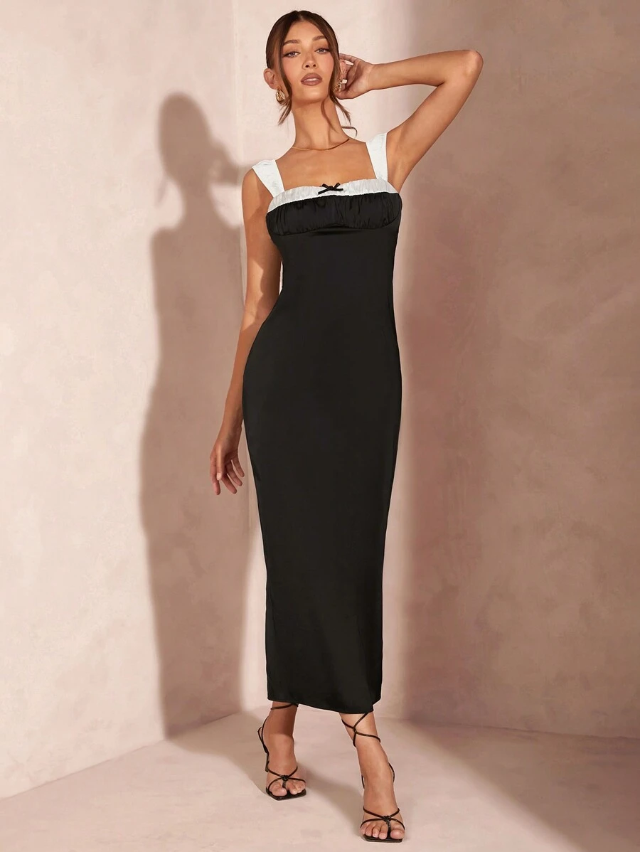 SHEIN BAE Nữ Khối Màu Chắp Vá Nơ Cổ Pyjama Phong Cách Satin Áo Dài, Đầm Màu Đen Gợi Cảm Và Thanh Lịch - màu đen - Xem 1