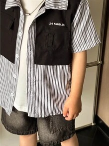 SHEIN 男童休閒韓版條紋2合1襯衫及牛仔短褲，適合逛街和戶外活動 - 白色 - 查看 4