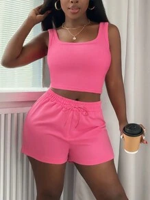 Nuevo conjunto de 2 piezas de verano para mujeres, top y shorts rosa casual para vacaciones - Rosa Fucsia - Ver 4