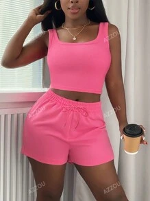 Nuevo conjunto de 2 piezas de verano para mujeres, top y shorts rosa casual para vacaciones